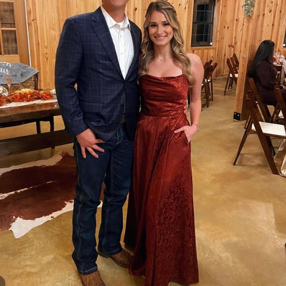 Cinnamon jacquard cowl neck bridesmaid dress from David's Bridal-with pockets! - Picture 2 of 3